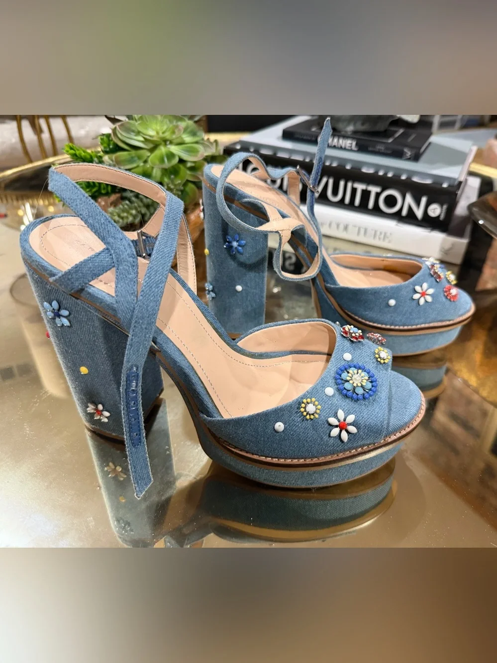 Zara Embellished Blue Denim Slingback platform Sandals size 40 - Picture 8 of 8